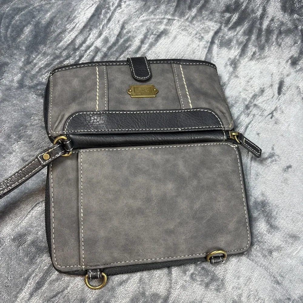 BOC Mineral Blue Gray Zip-Around Clutch Wallet Wristlet‎ Suede Pebbled Leather